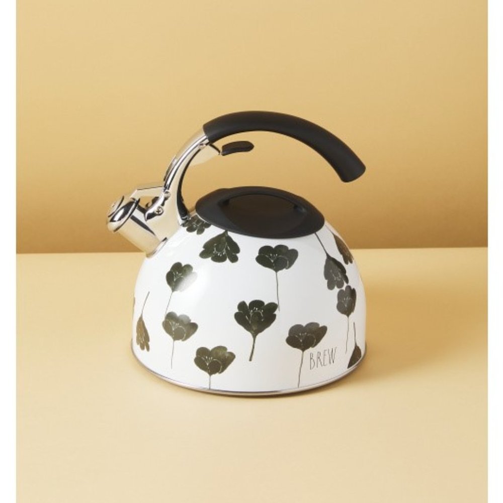 Rae Dunn Whistling Tea Kettle, Stainless Steel, 2 1/2 Qt.,Text Reads "Brew"